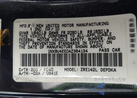 2010 Toyota Corolla Le z USA, uszkodzony, nr VIN 1NXBU4EE0AZ384134